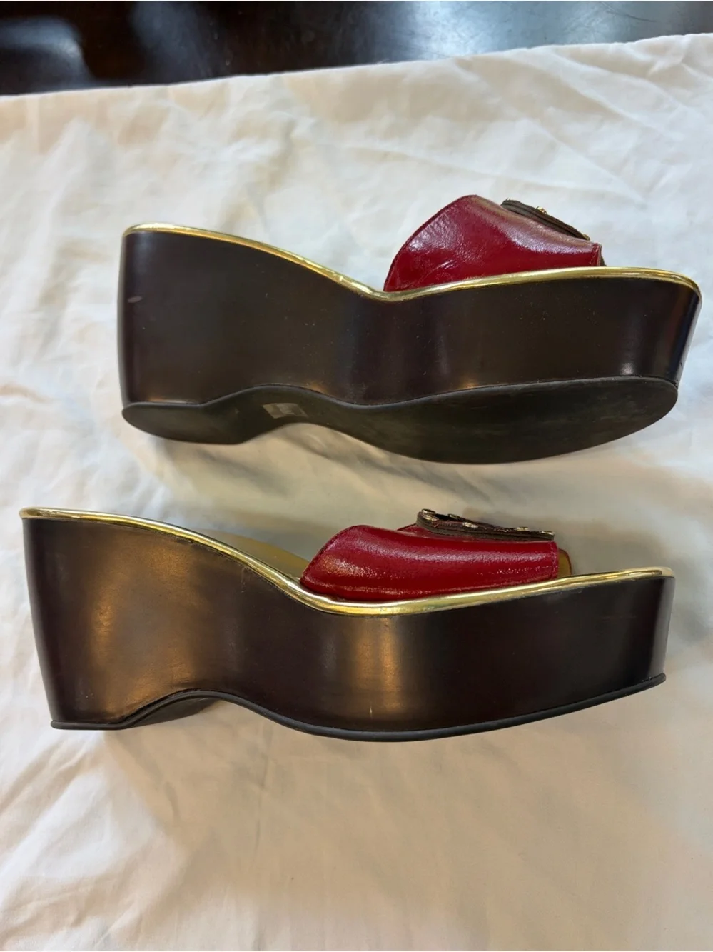 Michael Kors Red Leather Slide Wedges with Gold Footbed